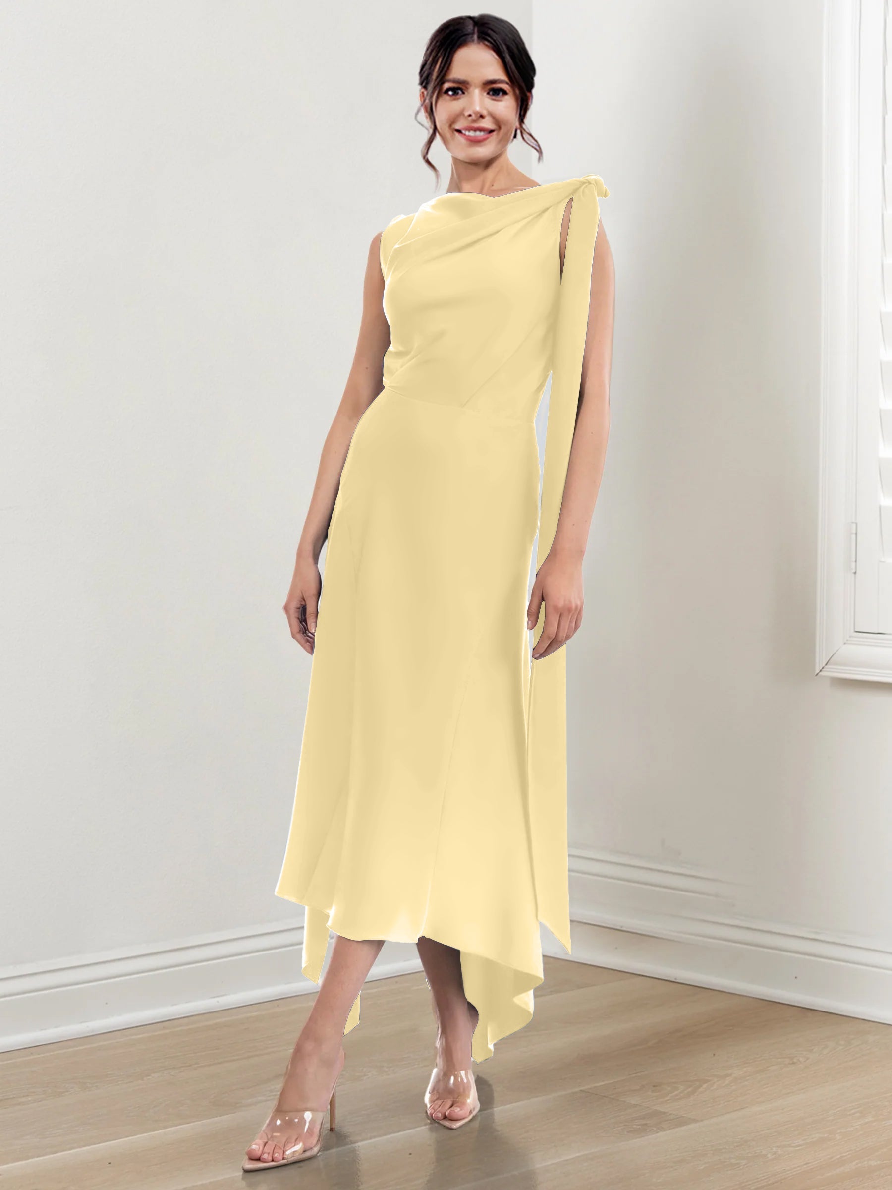 Asymmetrical Tea Length Mother of the Bride Sheath Dress with Ruched Column Jewel Neck