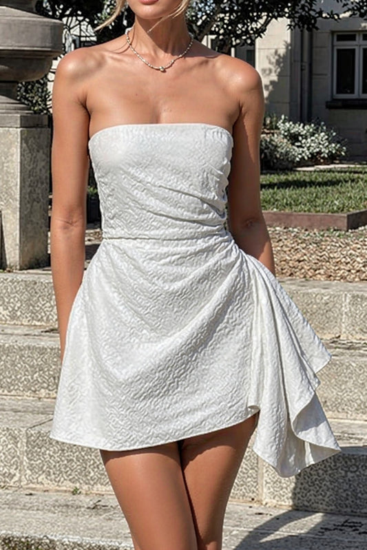 Ivory Jacquard Homecoming Dress Satin Strapless Short Party Dress