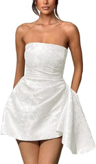 Ivory Jacquard Homecoming Dress Satin Strapless Short Party Dress