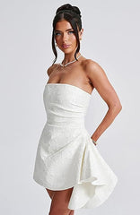 Ivory Jacquard Homecoming Dress Satin Strapless Short Party Dress