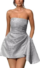 Ivory Jacquard Homecoming Dress Satin Strapless Short Party Dress