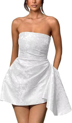 Ivory Jacquard Homecoming Dress Satin Strapless Short Party Dress