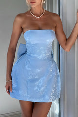 Blue Jacquard Homecoming Dress Satin Strapless Short Party Dress with Bowknot