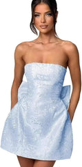 Blue Jacquard Homecoming Dress Satin Strapless Short Party Dress with Bowknot