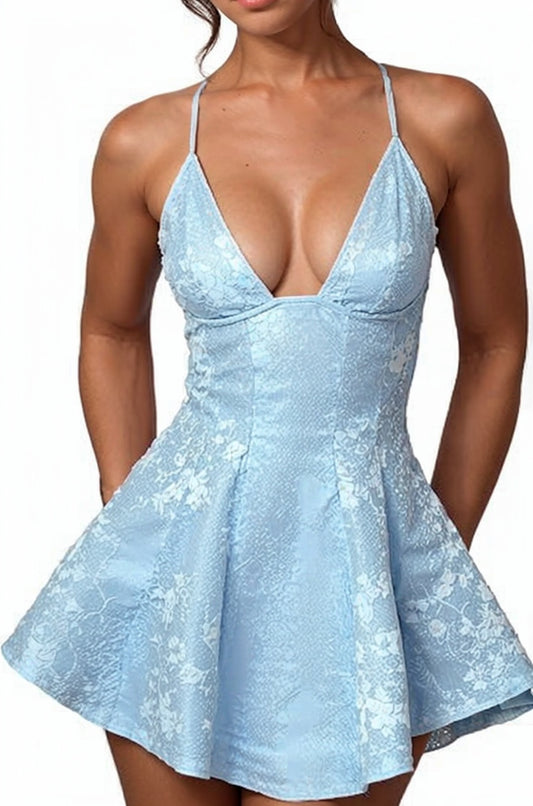 Blue Jacquard Homecoming Dress Satin Halter A Line Short Party Dress