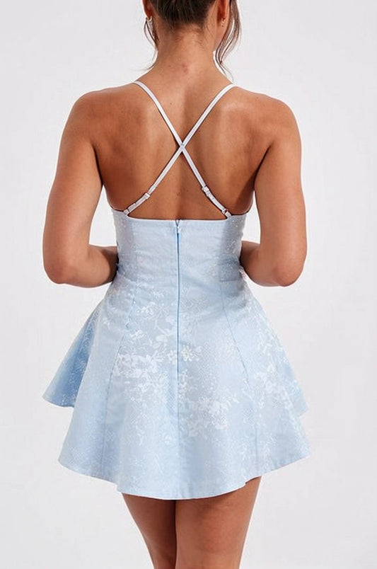 Blue Jacquard Homecoming Dress Satin Halter A Line Short Party Dress