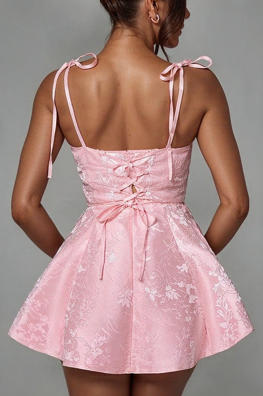 Pink Jacquard Homecoming Dress Satin Spaghetti Straps Short Party Dress