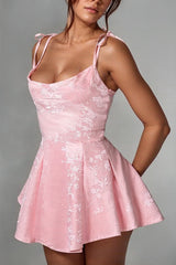 Pink Jacquard Homecoming Dress Satin Spaghetti Straps Short Party Dress