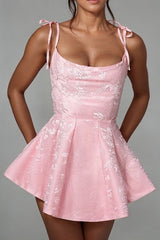 Pink Jacquard Homecoming Dress Satin Spaghetti Straps Short Party Dress