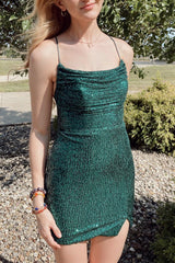 Green Halter Glitter Knitted Sleeveless Short Homecoming Dress