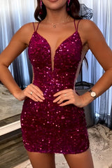 Fuchsia Spaghetti Straps Backless Sequin Short Homecoming Dress