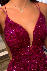 Fuchsia Spaghetti Straps Backless Sequin Short Homecoming Dress