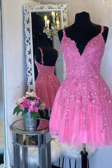 Pink A-Line Sleeveless Short Homecoming Dress with Lace Appliques