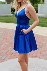 Royal Blue A-Line Spaghetti Straps Satin Short Homecoming Dress