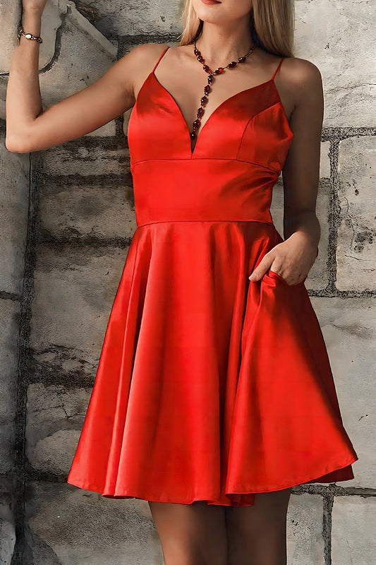 Red A-Line Spaghetti Straps Satin Short Homecoming Dress