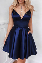 Navy A-Line Spaghetti Straps Satin Short Homecoming Dress