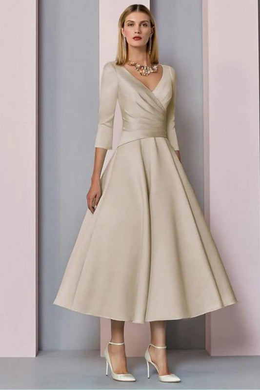 V Neck 3/4 Sleeves Wedding Guest Dress A Line Evening Dress