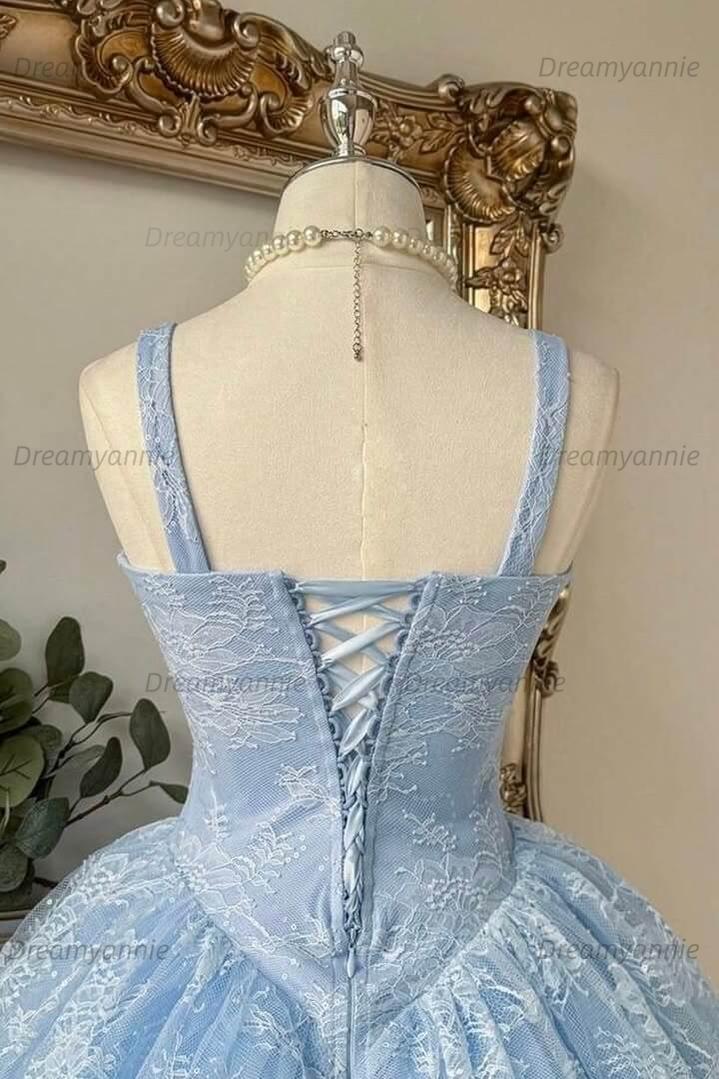 Baby Blue Lace Corset Ball Gown Homecoming Dress with Bow Straps