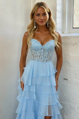 Baby Blue Prom Dress Sweetheart Tiered Lace Chiffon Evening Dress