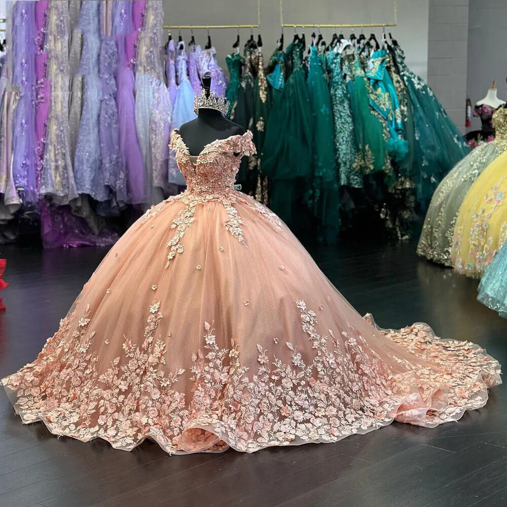 Ball Gown Off Shoulder 3D Flower Appliques Sweep Train Pink Tulle Princess Quinceanera Dress