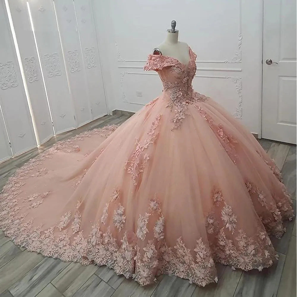 Ball Gown Off Shoulder 3D Flower Appliques Sweep Train Pink Tulle Princess Quinceanera Dress