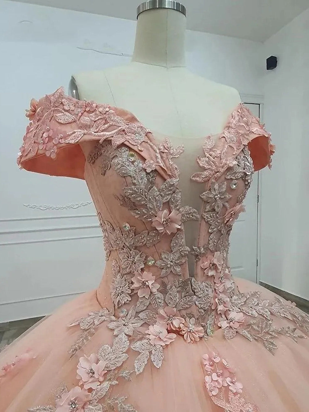 Ball Gown Off Shoulder 3D Flower Appliques Sweep Train Pink Tulle Princess Quinceanera Dress