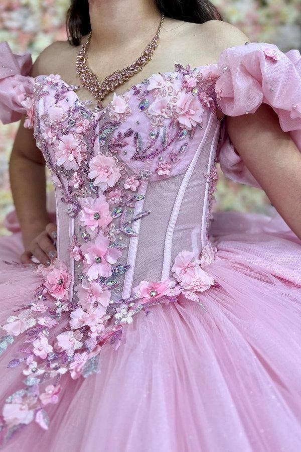 Ball Gown Off Shoulder Ruched Pleated 3D Flowers Appliques Glitter Pink Tulle Quinceanera Dress Princess Birthday Party Dress For Sweet 16