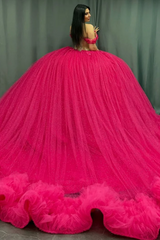 Ball Gown Off Shoulder Sleeveless Appliques Beaded Pleated Glitter Hot Pink Tulle Quinceanera Dress Birthday Party Dress