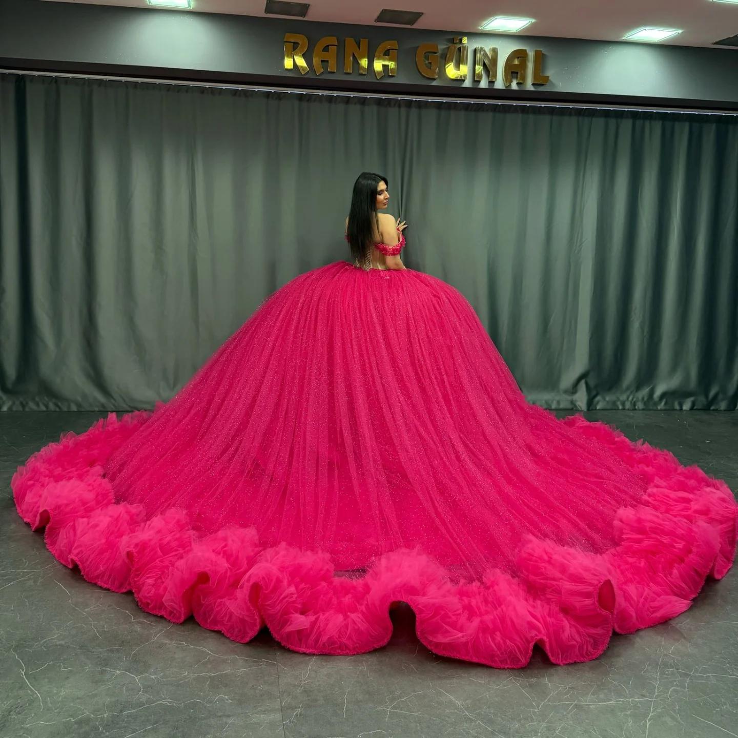 Ball Gown Off Shoulder Sleeveless Appliques Beaded Pleated Glitter Hot Pink Tulle Quinceanera Dress Birthday Party Dress