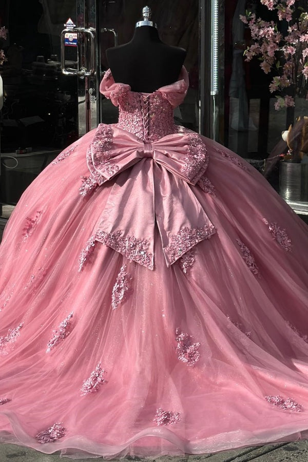 Ball Gown Off Shoulder Sleeveless Appliques Pleates Glitter Pink Tulle Quinceanera Dress Birthday Party Dress For Sweet 16