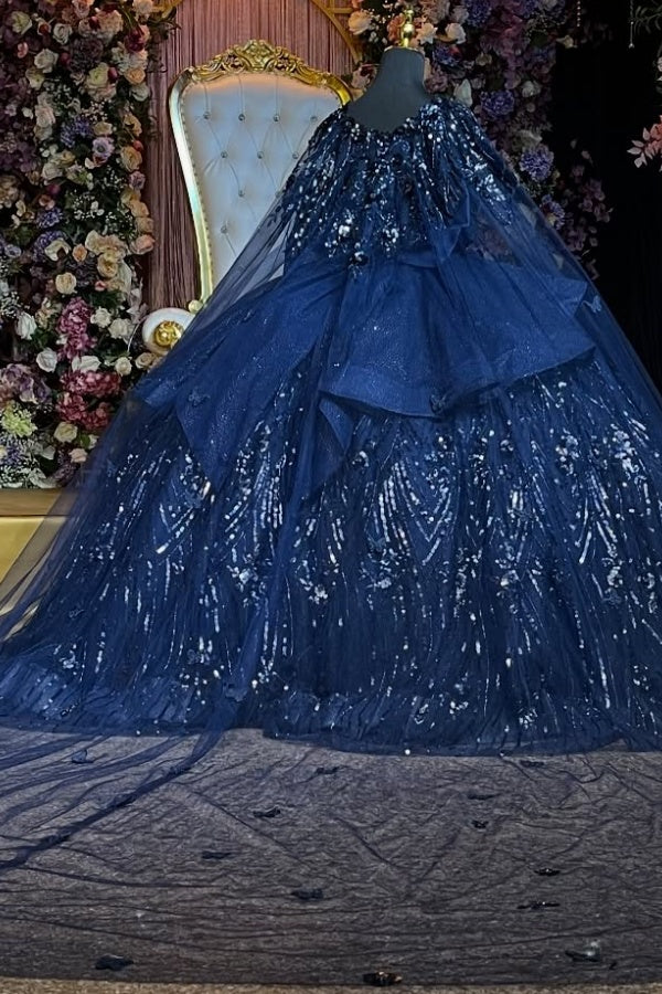 Ball Gown Off Shoulder Sleeveless Beaded 3D Flowers Appliques Bow Knot Shawl Sparkly Dark Navy Tulle Quinceanera Dress Formal Evening Gown Birthday Party Dress For Sweet 16