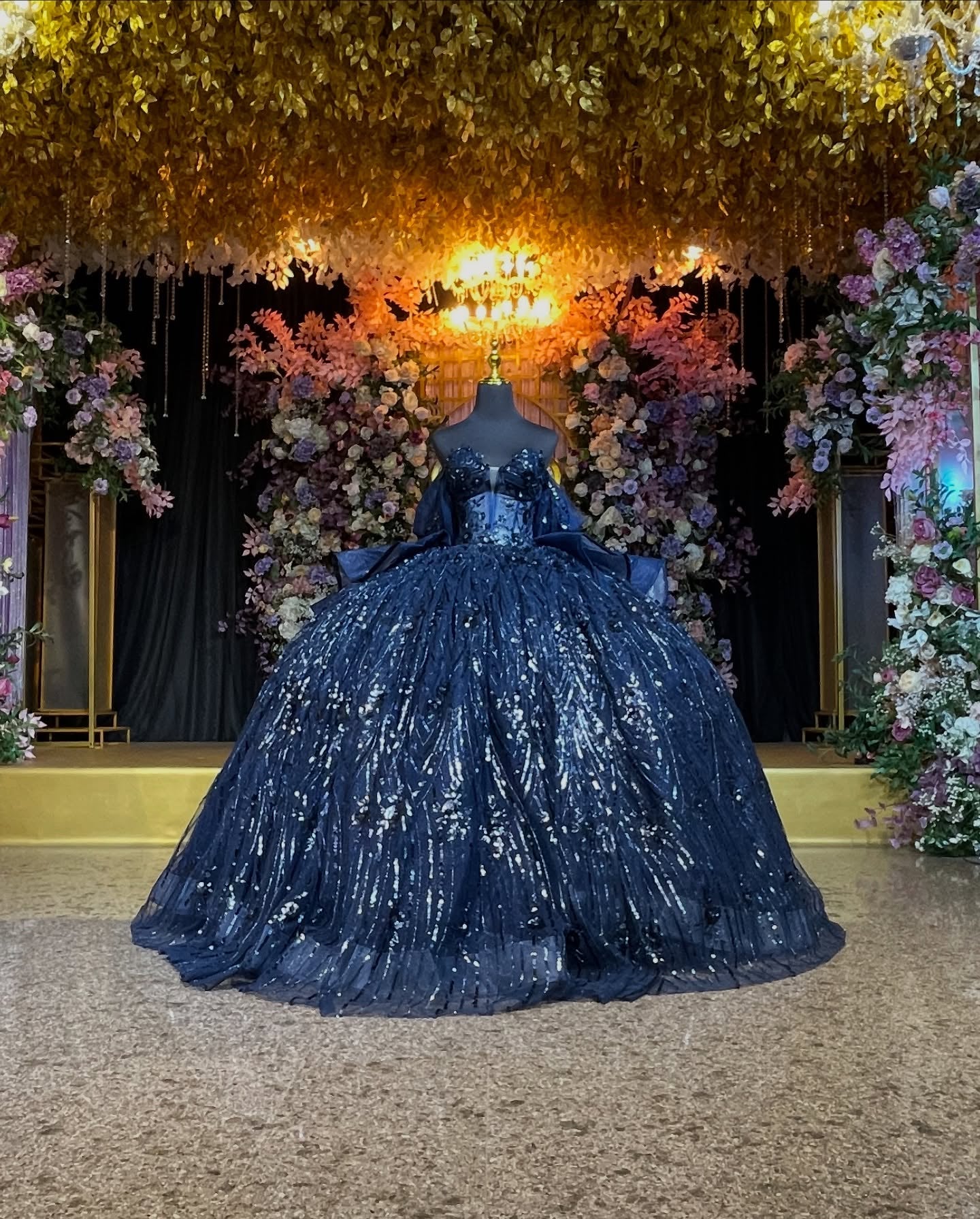 Ball Gown Off Shoulder Sleeveless Beaded 3D Flowers Appliques Bow Knot Shawl Sparkly Dark Navy Tulle Quinceanera Dress Formal Evening Gown Birthday Party Dress For Sweet 16