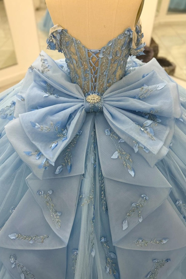 Ball Gown Off Shoulder Sleeveless Beaded 3D Flowers Appliques Bow Knote Tiered Sparkly Baby Blue Tulle Quinceanera Dress Formal Evening Gown Birthday Dress For Sweet 16