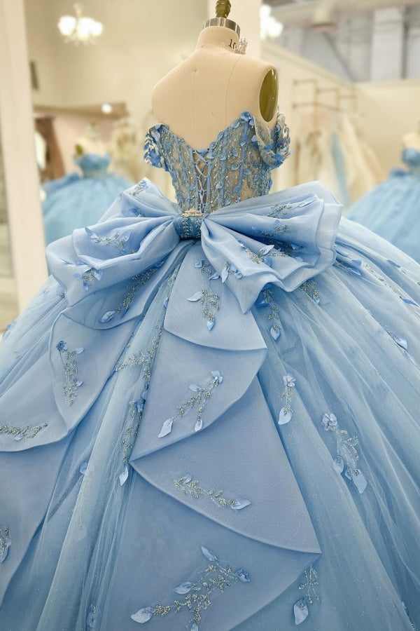 Ball Gown Off Shoulder Sleeveless Beaded 3D Flowers Appliques Bow Knote Tiered Sparkly Baby Blue Tulle Quinceanera Dress Formal Evening Gown Birthday Dress For Sweet 16