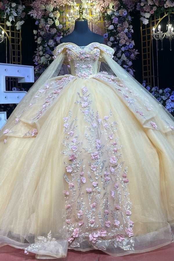 Ball Gown Off Shoulder Sleeveless Beaded 3D Flowers Appliques Shawl Champagne Tulle Quinceanera Dress Birthday Party Dress Evening Gown For Sweet 16