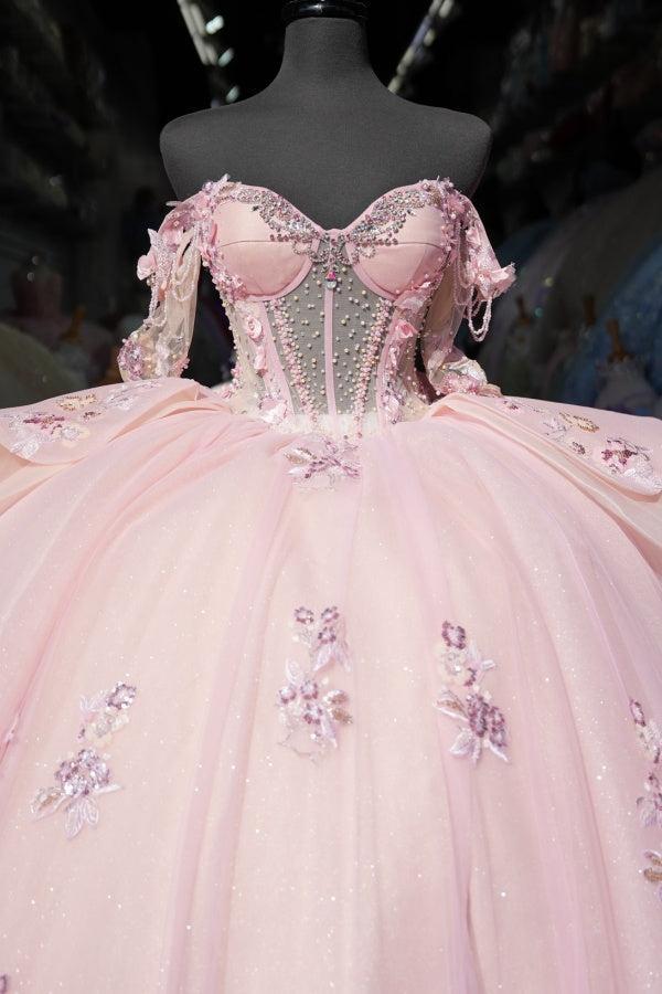Ball Gown Off Shoulder Sleeveless Beaded Crystal Appliques Pleated Baby Pink Tulle Quinceanera Dress Birthday Party Dress For Sweet 16