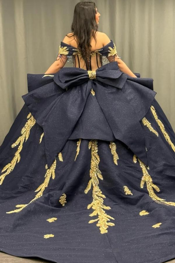Ball Gown Off Shoulder Sleeveless Beaded Gold Appliques Pleated Bow Knot Glitter Dark Navy Satin Quinceanera Dress Birthday Party Dress For Sweet 16