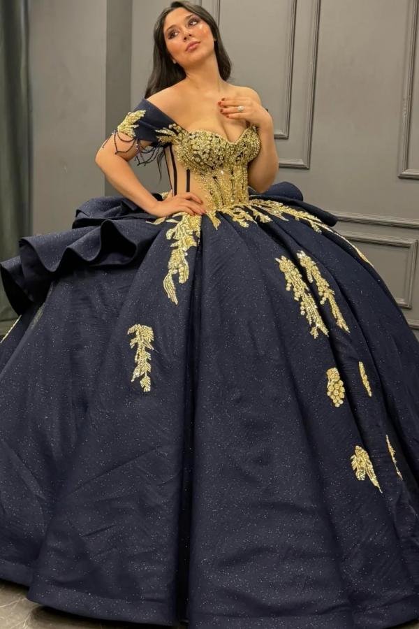 Ball Gown Off Shoulder Sleeveless Beaded Gold Appliques Pleated Bow Knot Glitter Dark Navy Satin Quinceanera Dress Birthday Party Dress For Sweet 16