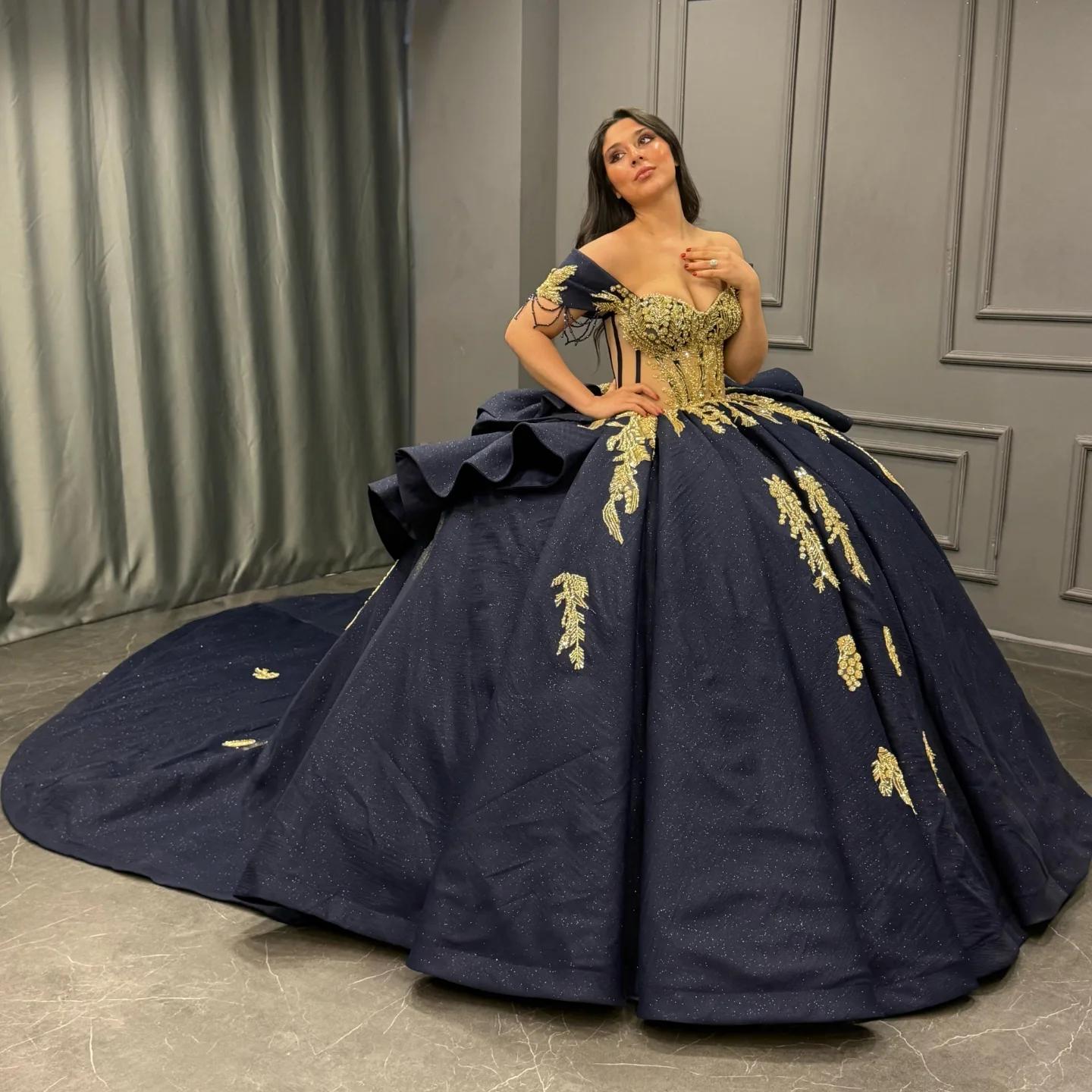 Ball Gown Off Shoulder Sleeveless Beaded Gold Appliques Pleated Bow Knot Glitter Dark Navy Satin Quinceanera Dress Birthday Party Dress For Sweet 16