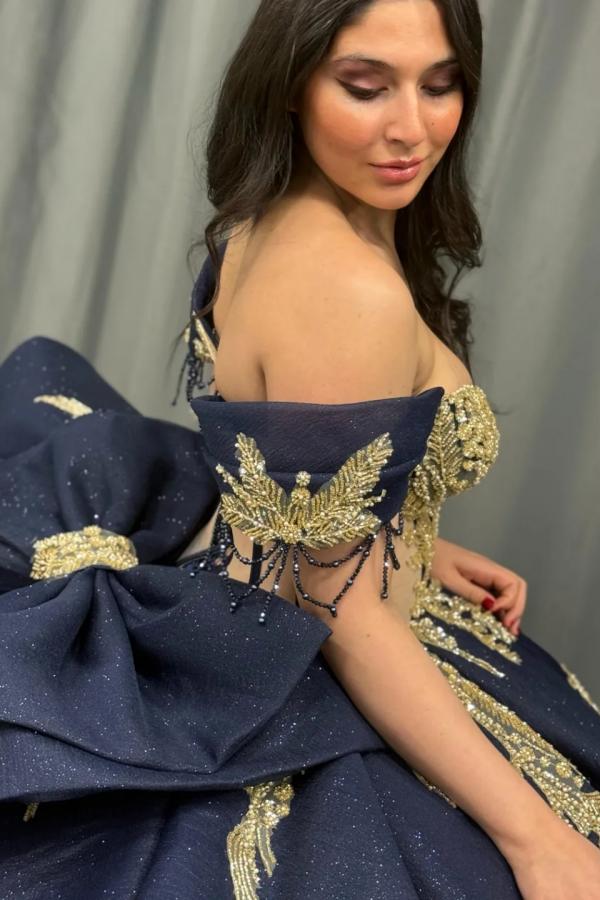Ball Gown Off Shoulder Sleeveless Beaded Gold Appliques Pleated Bow Knot Glitter Dark Navy Satin Quinceanera Dress Birthday Party Dress For Sweet 16