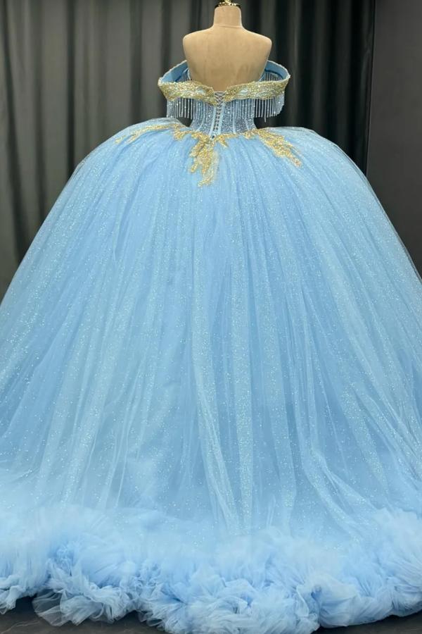 Ball Gown Off Shoulder Sleeveless Beaded Gold Appliques Pleated Glitter Sky Blue Tulle Quinceanera Dress Birthday Party Dress For Sweet 16