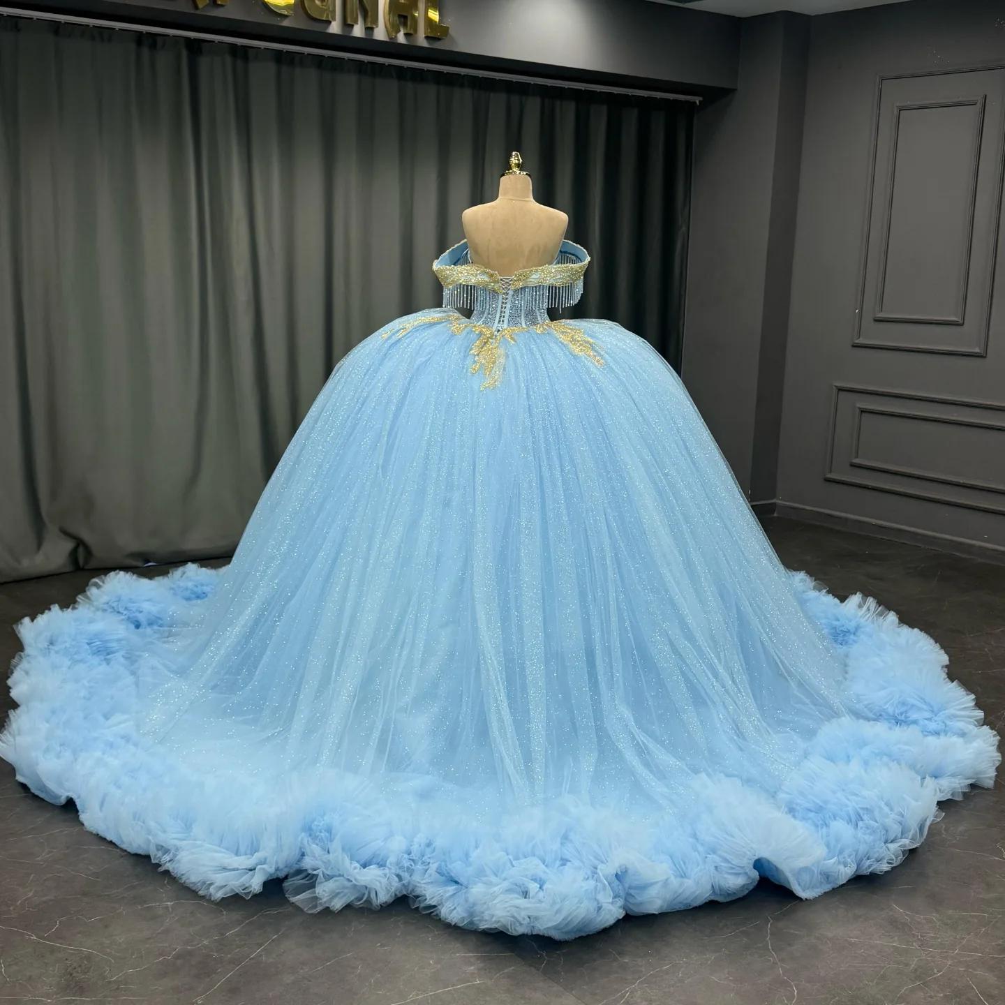 Ball Gown Off Shoulder Sleeveless Beaded Gold Appliques Pleated Glitter Sky Blue Tulle Quinceanera Dress Birthday Party Dress For Sweet 16