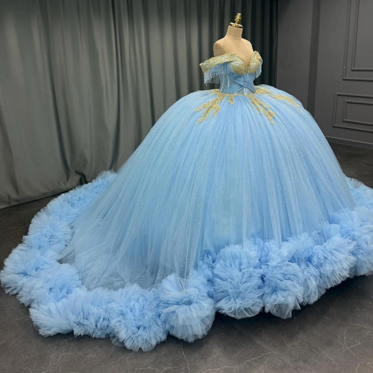 Ball Gown Off Shoulder Sleeveless Beaded Gold Appliques Pleated Glitter Sky Blue Tulle Quinceanera Dress Birthday Party Dress For Sweet 16