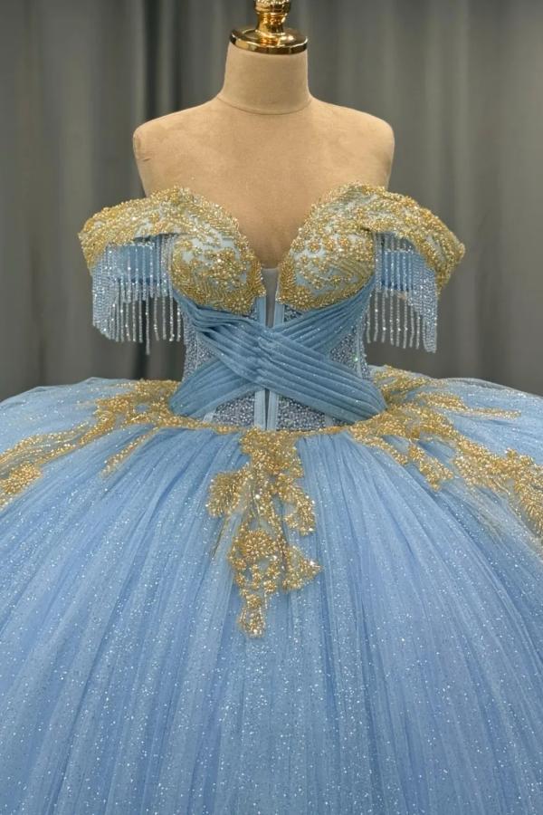 Ball Gown Off Shoulder Sleeveless Beaded Gold Appliques Pleated Glitter Sky Blue Tulle Quinceanera Dress Birthday Party Dress For Sweet 16