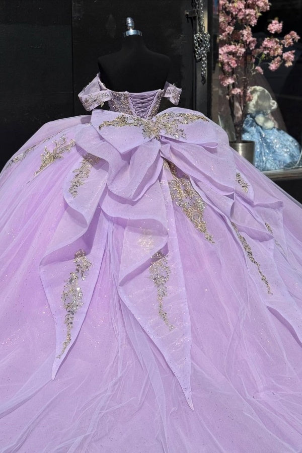 Ball Gown Off Shoulder Sleeveless Beaded Pleated Gold Sequins Sparkly Lilac Tulle Quinceanera Dress Birthday Party Dress Evening Formal Gown For Sweet 16