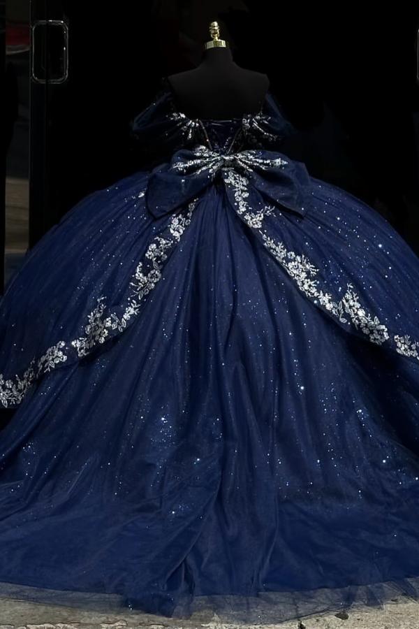 Ball Gown Off Shoulder Sleeveless Beaded Pleated Sliver Appliques Sparkly Dark Navy Tulle Quinceanera Dress Birthday Party Dress For Sweet 16