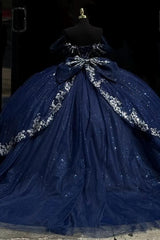 Ball Gown Off Shoulder Sleeveless Beaded Pleated Sliver Appliques Sparkly Dark Navy Tulle Quinceanera Dress Birthday Party Dress For Sweet 16