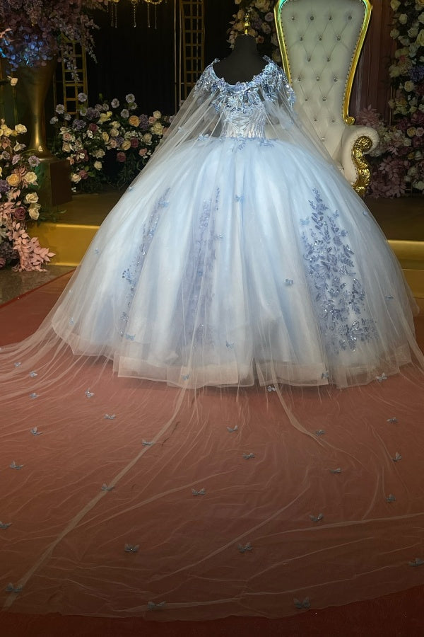 Ball Gown Off Shoulder Sleeveless Beaded Sequins Appleques Shawl Bbay Blue Tulle Evening Formal Gown Quinceanera Dress Birthday Party Dress For Sweet 16