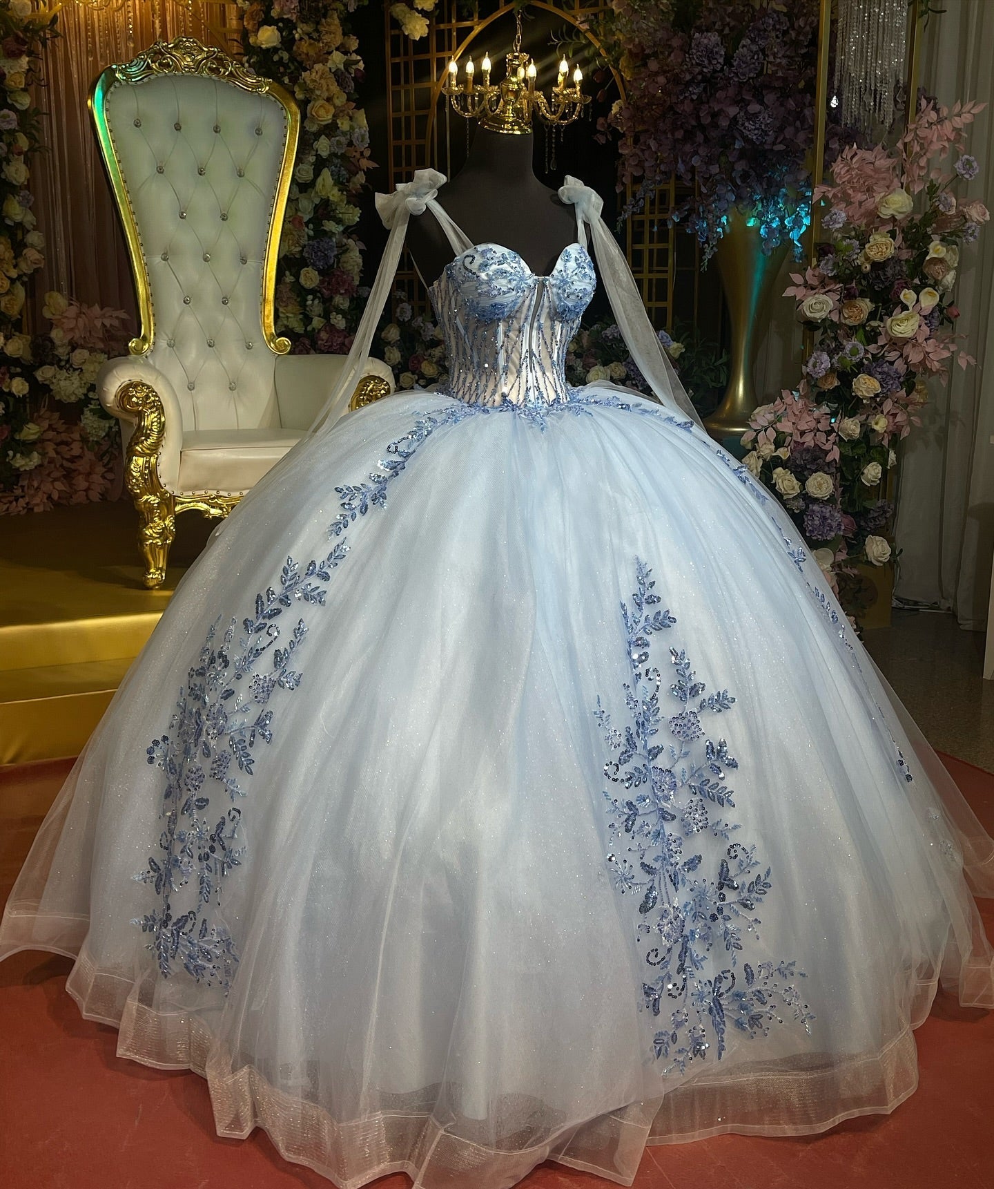 Ball Gown Off Shoulder Sleeveless Beaded Sequins Appleques Shawl Bbay Blue Tulle Evening Formal Gown Quinceanera Dress Birthday Party Dress For Sweet 16