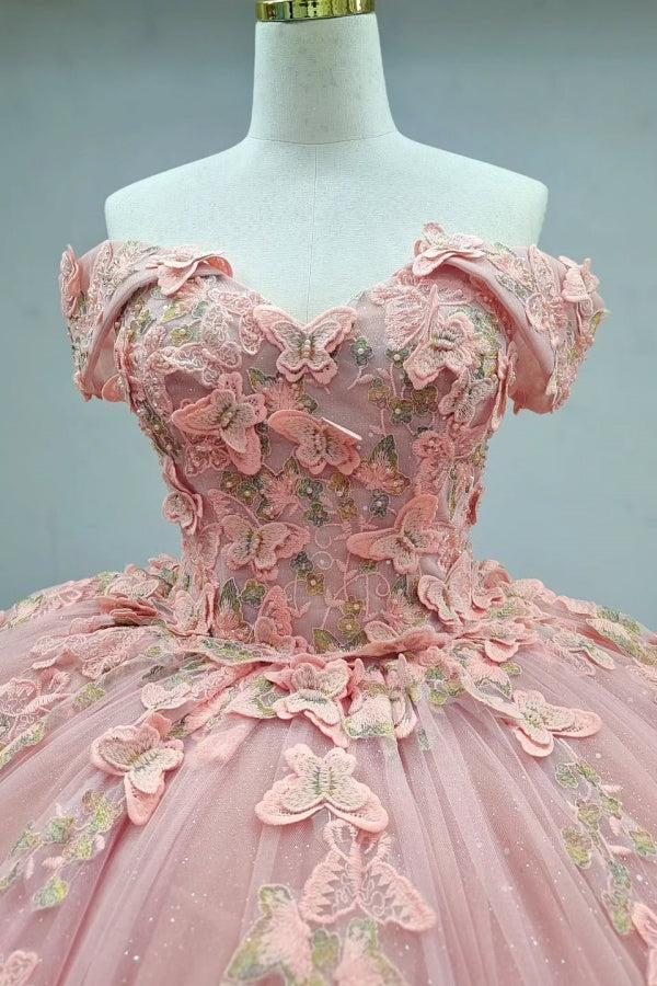 Ball Gown Off Shoulder Sleeveless Fully 3D Butterflies Appliques Lace Up Pink Tulle Quinceanera Dress Birthday Party Dress Evening Gown For Sweet 16